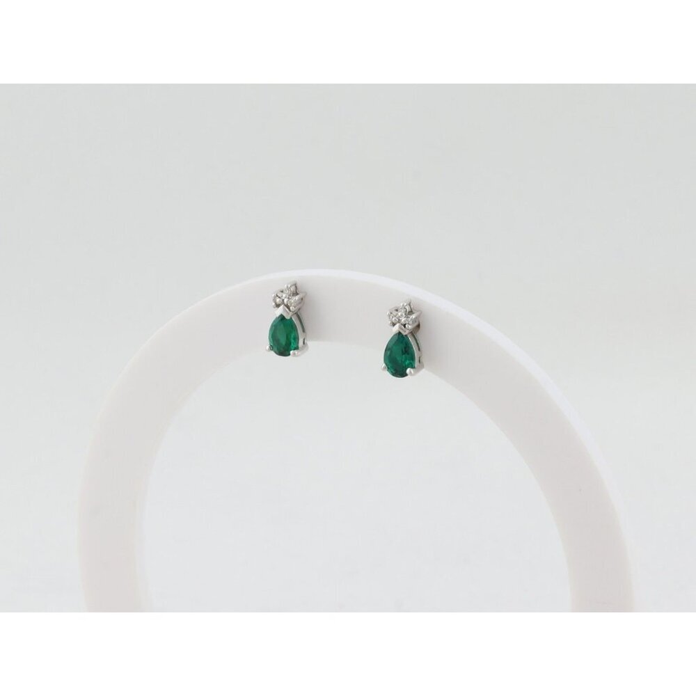 14k White Gold Lab Created Emerald & Diamond Earrings Stud Post Earrings 3/8" - Picture 7 of 9